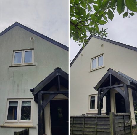 Before and after comparison of a house's exterior, showing cleaning progress.