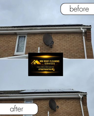 Before-and-after comparison of a cleaned roof, featuring a logo in the centre.