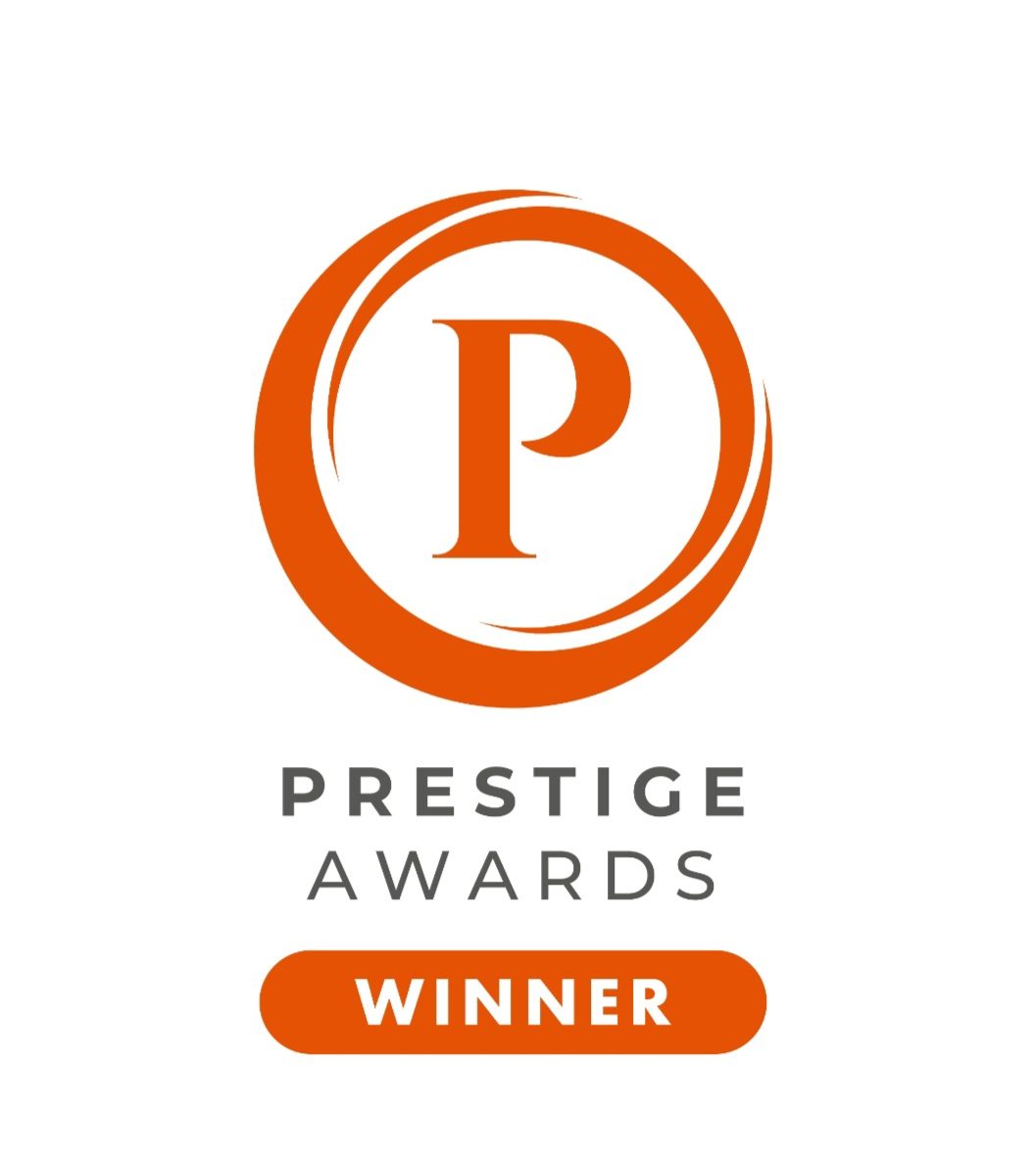 Prestige Awards winner logo featuring a prominent letter "P" and orange accents.