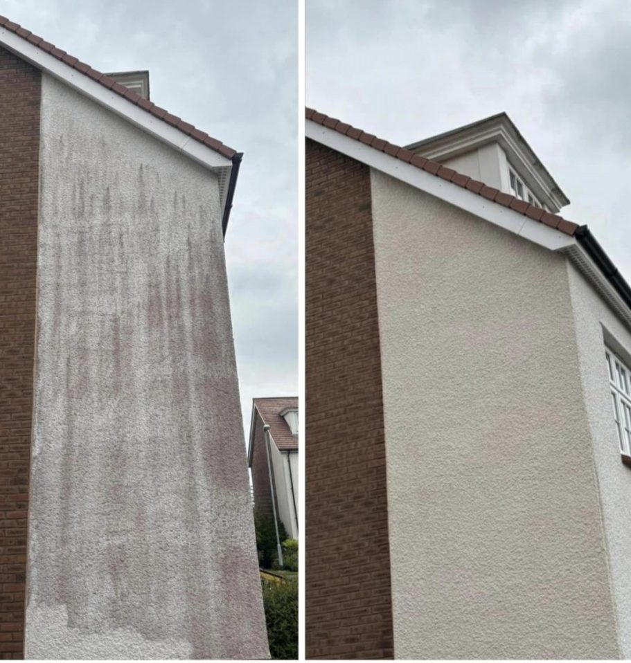 Before and after view of a house wall, showing fresh paint on the right side.