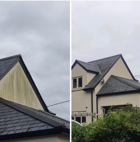Comparison of a house with weathered roof tiles alongside a well-maintained roof.