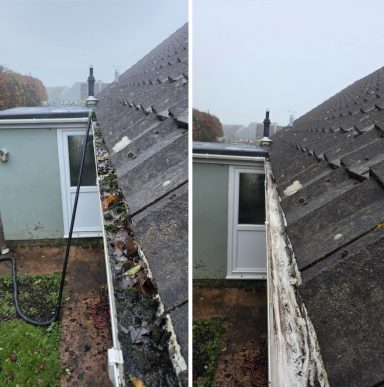 Before and after images of a roof showing cleaned and dirty sections of the gutter.