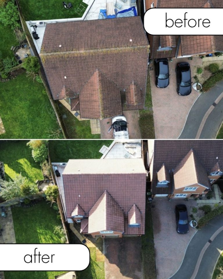 Aerial view comparing a house's roof before and after cleaning.