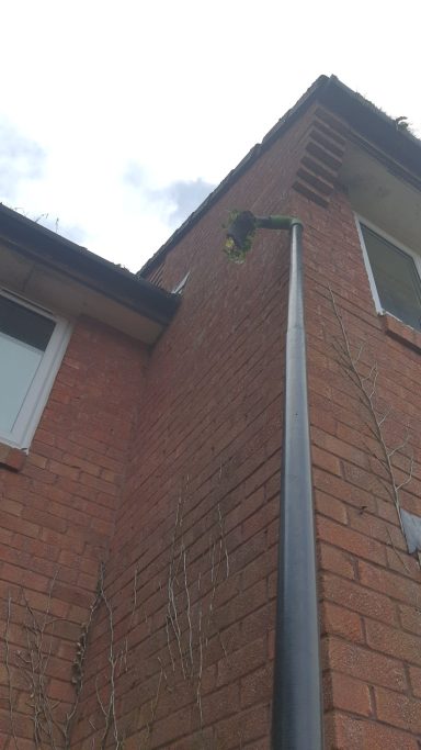A close-up of a building corner with a downpipe and a security camera mounted above