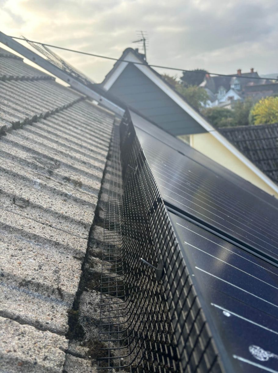 Solar panel mesh installation Solar panels installed on a sloped roof, with a cloudy sky in the background.