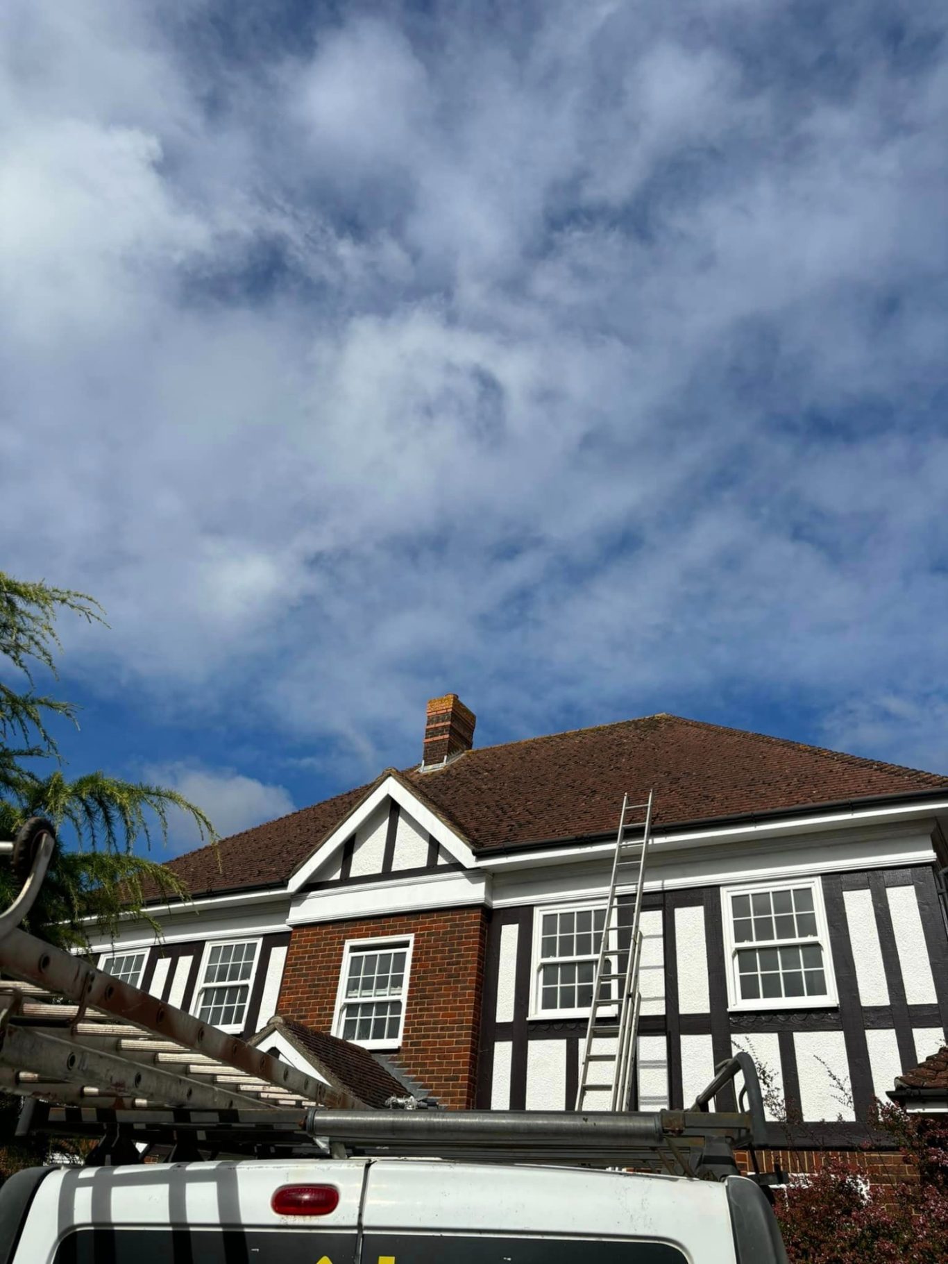 Roof Cleaning A timber-framed house with a sloped roof and a ladder leaning against it under a cloudy sky.