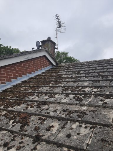 View of a sloped roof with moss and an antenna atop a chimney against a cloudy sky.