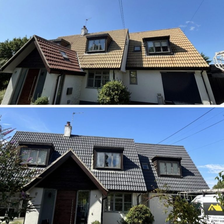 Renovated house exterior with a new dark roof and fresh facade.