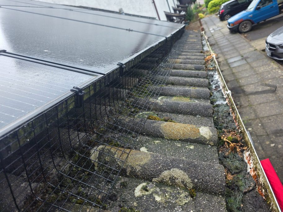 Solar panels on a roof with debris and moss visible on the surface.