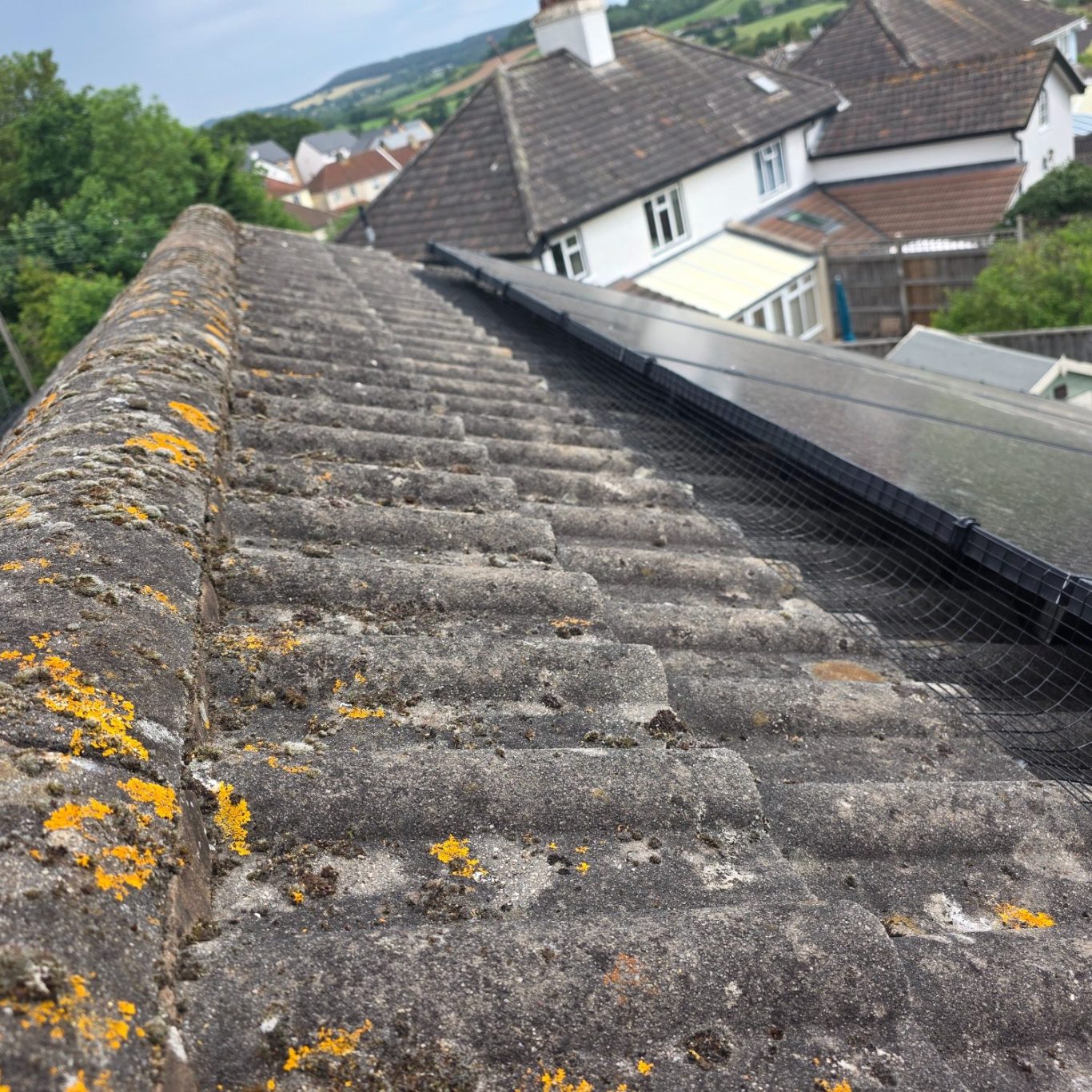 Solar panel mesh installation Devon Roof tiles showing texture and moss, with houses and greenery in the background.