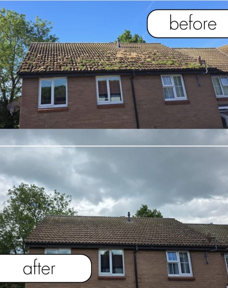 Before and after comparison of a house exterior showing changes in roof and window appearance.
